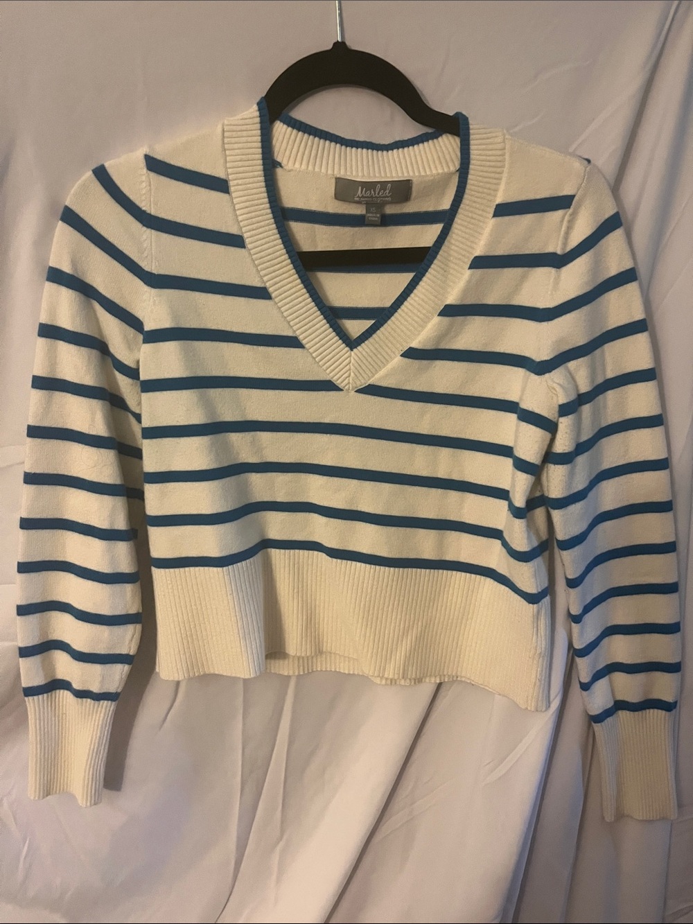 Striped V-Neck Sweater in Cream and Blue by Marled